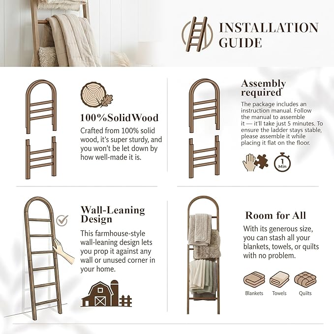 Arched Wooden Blanket Ladder -76in(6-Tier) Natural & Motley Wood - Leaning Wall Decor for Bedroom, Bathroom, Living Room - Ru
