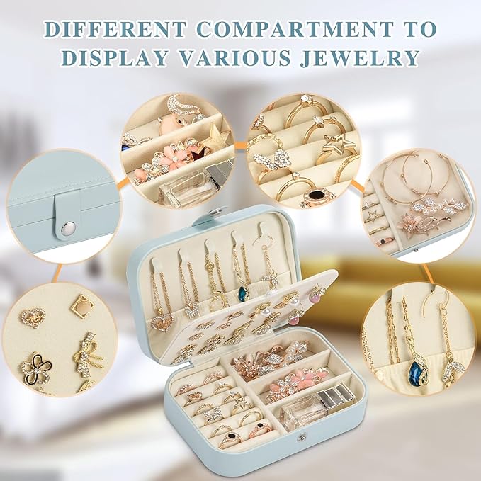Travel Jewelry Box, PU leather Small Jewelry Organizer For Female Girls, double layer portable mini travel case for storing e