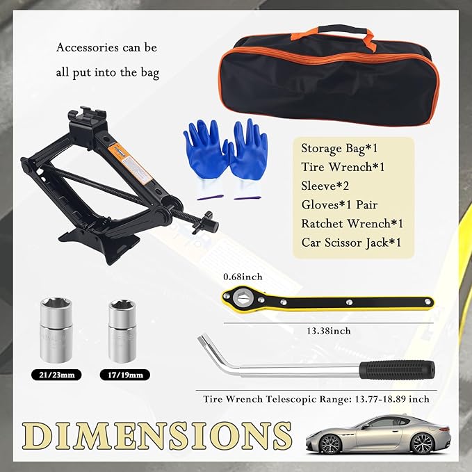Car Scissor Jack Kit with Lug Wrench & Ratchet Wrench,2T Car Jack Kit for Cars Lifting & Tire Changing,Heavy Duty Scissor Jac