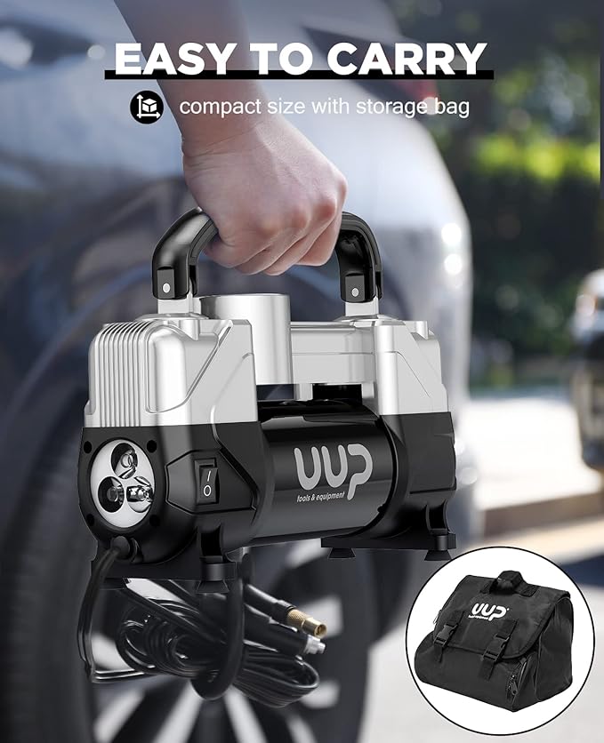 Tire Inflator Air Compressor, 150PSI 12V DC Double Cylinders Heavy Duty Portable Air Pump w/Emergency LED Light for Truck, SUV, Car, RV (black1)
