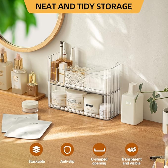 PAVSTINE 2-Tier Stackable Medicine Cabinet Organizer, Narrow Bathroom Makeup Organizer with Lipstick Holders & Cotton Swab Ca