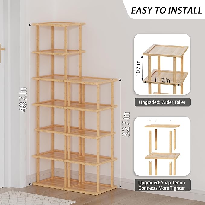 Vertical Tall Shoe Rack Organizer for Entryway -12 Tier Free Standing Slim Narrow Bamboo Wood Corner Stackable Shoe Boots Sto