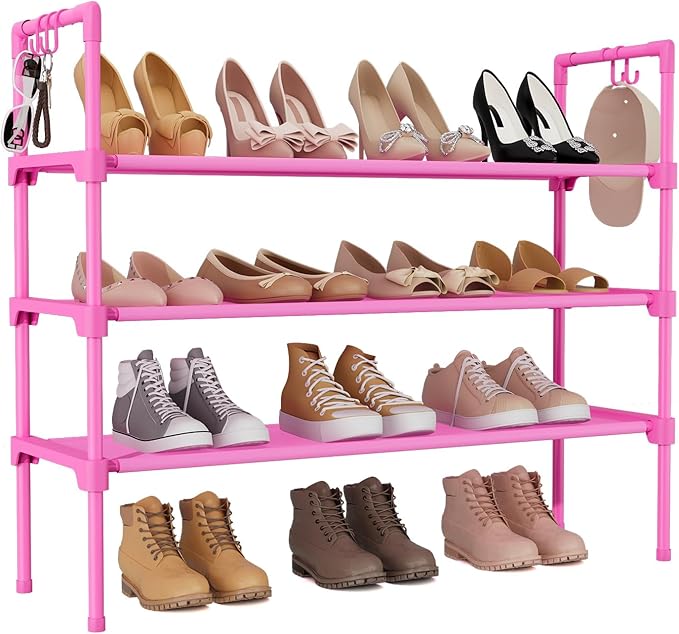 LANTEFUL 3 Tier Shoe Rack for Closet, Shoe Organizer with 5 Hooks, Long Shoe Shelf Storage for Shoe and Boot Stackable Free S