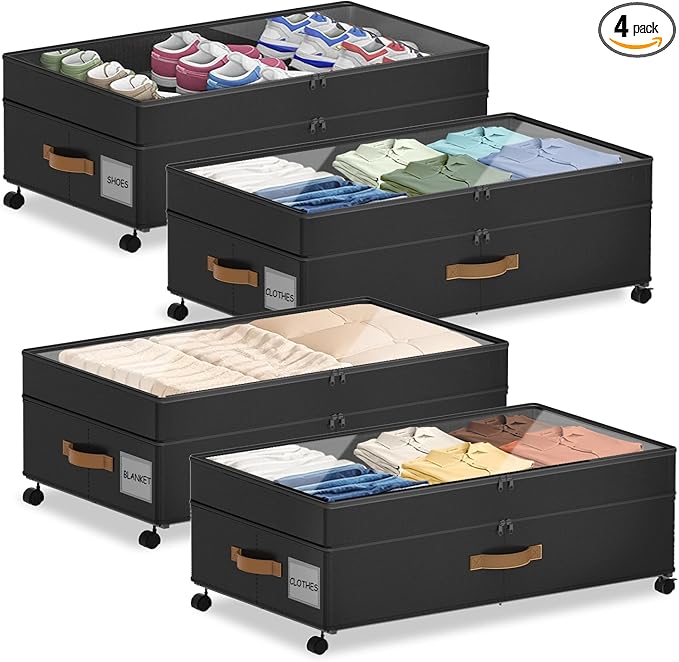 4 Pack Under Bed Storage with Wheels, Adjustable Height Storage Containers, 10 inches Large Capacity Rolling Underbed with Li