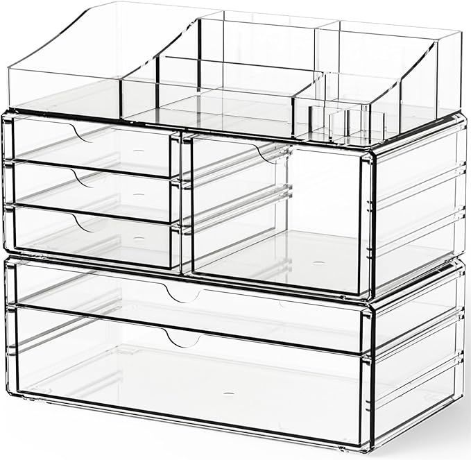 Yieach Acrylic Make up Organizers for Counter,Desk and Vanity,3 Pack Stackable Bathroom Counter Organizer with Drawers,Large 