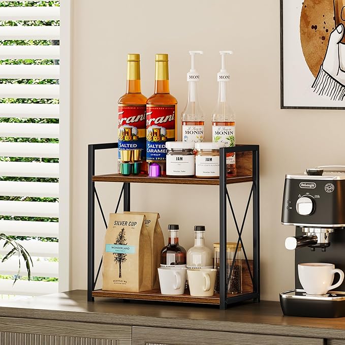 Giikin Kitchen Counter Shelf, Kitchen Countertop Organizer, 2 Tier Spice Rack for Counter, Wood Coffee Bar Organizer for Coff