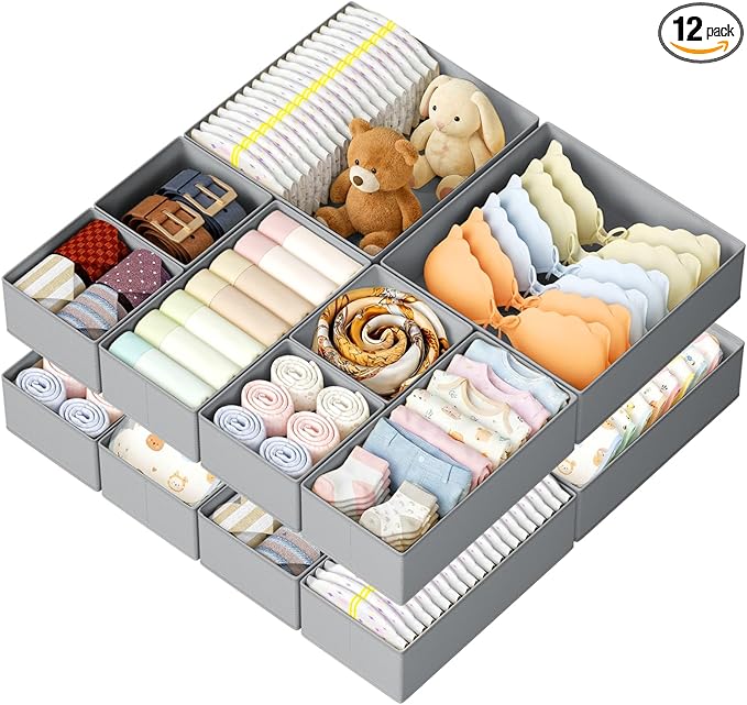DIMJ Drawer Organizer Clothes, 12 Pack Dresser Organizer, Foldable Closet Organization and Storage Dividers, Fabric Dresser D