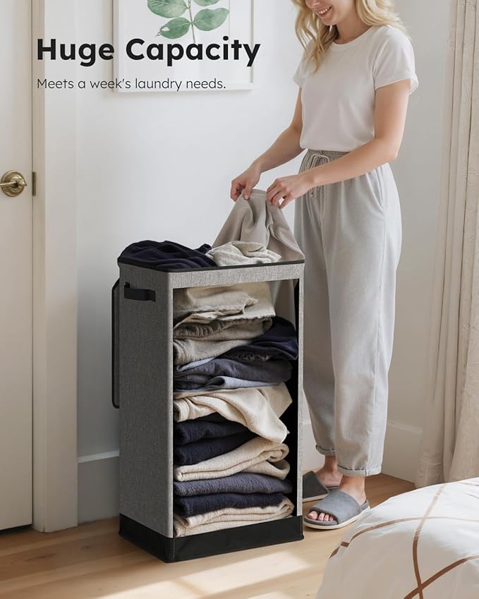 SOLEDI Slim Laundry Hamper with Lid, Narrow Laundry Basket with Removable Bags, Dirty Clothes Hamper with handle, Small Hampe
