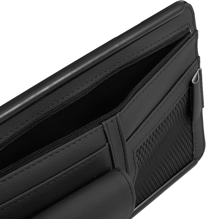 X AUTOHAUX Black Universal Car Sun Visor Organizer Sunglasses Case Storage Pocket Hook and Loop Tape ABS PU Leather for SUV RV Truck