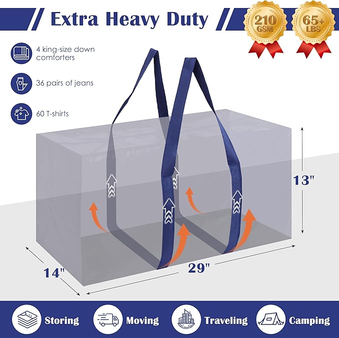 6 Pack Moving Bags with Full-Open Side Zipper, Extra Large 93L Heavy Duty Waterproof Foldable Storage Totes for College Dorm,