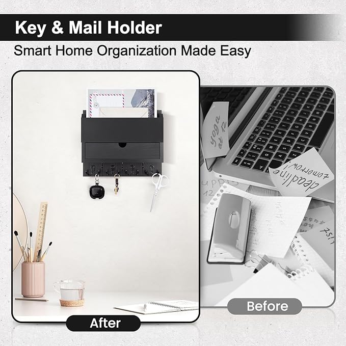 Mail and Key Holder Wall Mount with Storage Drawer – Modern Wooden Mail Organizer for Wall Entryway, 7 Key Hooks & Chalkboard