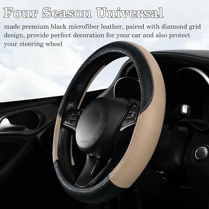 Black & Beige Car Steering Wheel Cover, Microfiber, Leather Patchwork, Universal 14.5-15 Inch Leather Anti-Slip Breathable Au