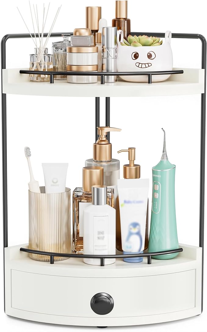 2-Tier Corner Bathroom Counter Organizer with Drawer & Embedded Screw Holes - Wooden Countertop Organizers for Skincare, Make