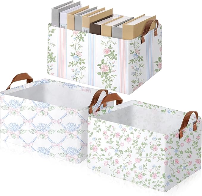 Boao 3 Pcs Blue Hydrangea Storage Bin Fresh Style Floral Collapsible Large Storage Baskets for Gifts Canvas Laundry Basket Fo