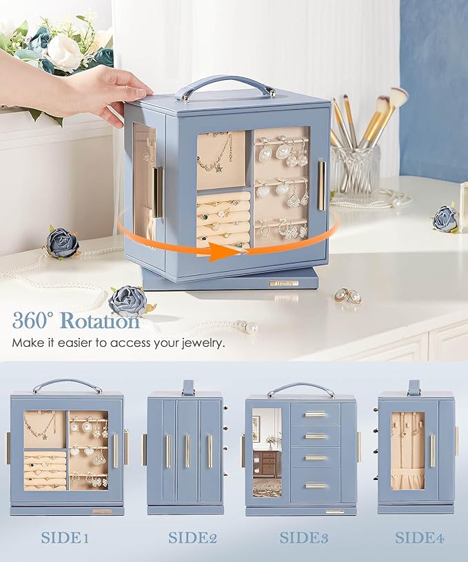Homde Jewelry Box 360° Rotating, Necklace Earring Organizer with Transparent Window, Mirror, 7 Drawers, Large Ring Display St