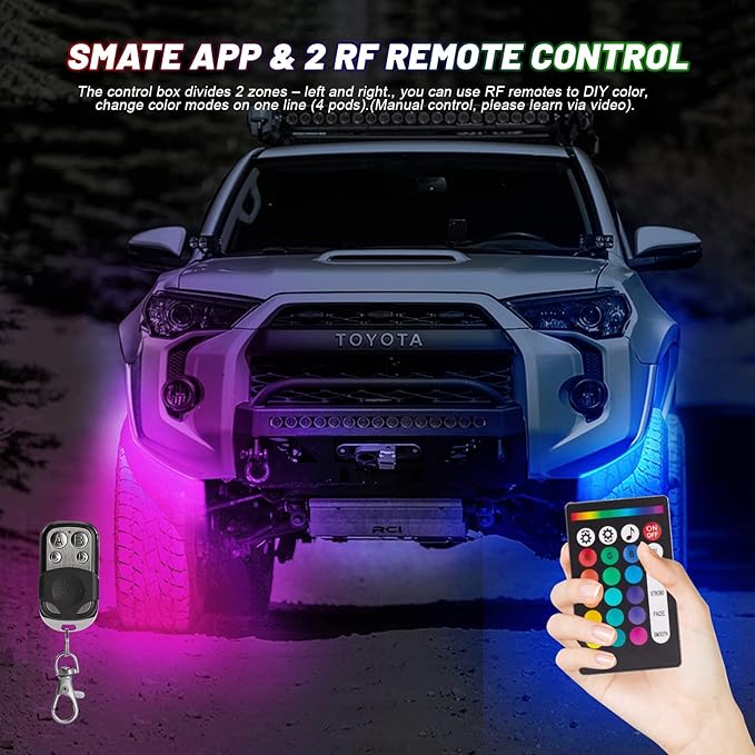 4 Pods RGB LED Rock Lights for ATV UTV Golf Cart Truck RZR Offroad SUV, Waterproof Multicolor Underglow Kit for Cars with APP Music Mode, Vehicle Accent Underbody Light Underneath 12V