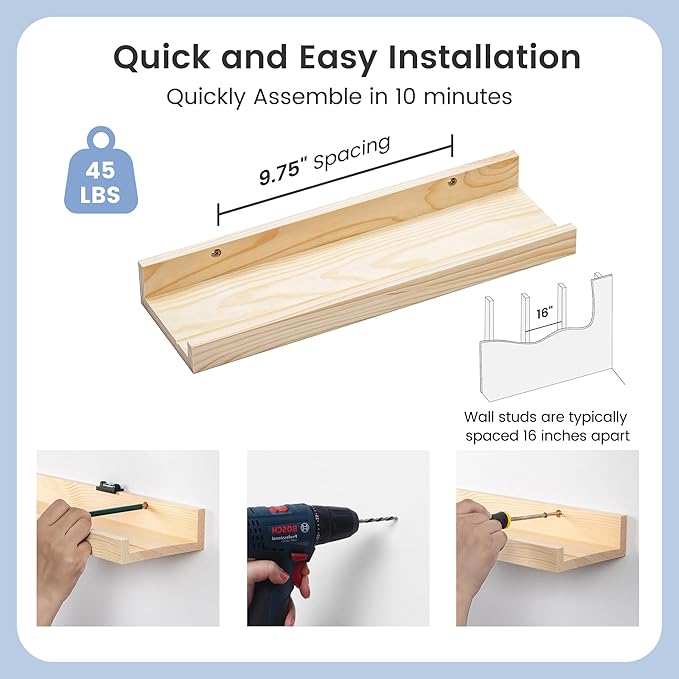 Picture Ledge Shelf for Wall, 16 inch Solid Pine Wood Nursery Book Shelves 2 Packs, Floating Ledge Shelves for Kids' Room Bed