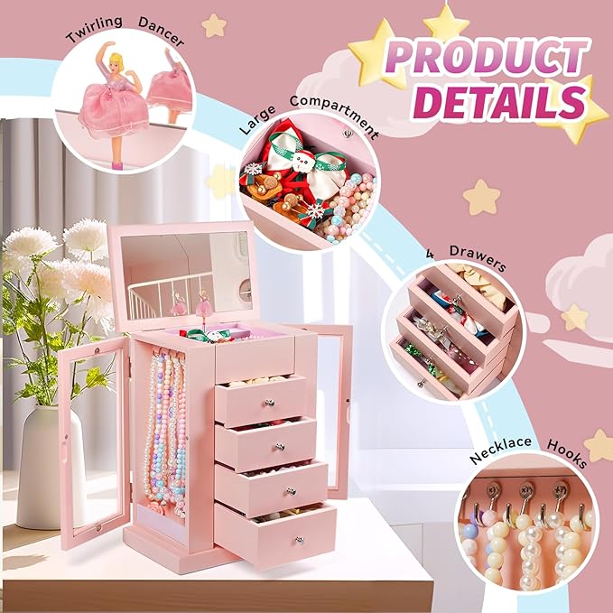 Emfogo Jewelry Box for Girls, Musical Jewelry Box with Spinning Dancer Gifts for Little Girls Christmas New Year Birthday Chi
