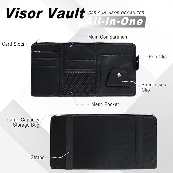 2 PCS Car Visor Organizer, Sunglasses Holder for Car Sun Visor, Leather Sunvisor Organizers with Sunglass Holder & Card Sleeve Pocket, Vehicle Accessories for Most Vehicle, Black