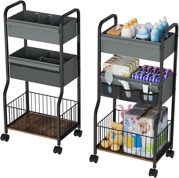 3-tier Baby Diaper Caddy Organizer and Storage Cart with 4+3 Dividers, Metal Utility Cart with Lockable Wheels for Nursery, B