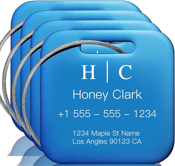 Stainless Luggage Tags for Suitcases 4 Pack: Metal Personalized Luggage Tags for Backpacks & Bags with Customizable Texts (Bl