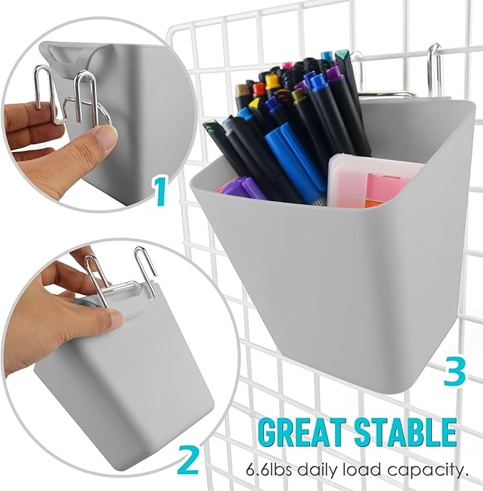 G.CORE Large Grid Wall Bins - 6Pack Gray Gridwall Accessories Hanging Cups with Back Hooks - Plastic Grid Wall Panels Organiz