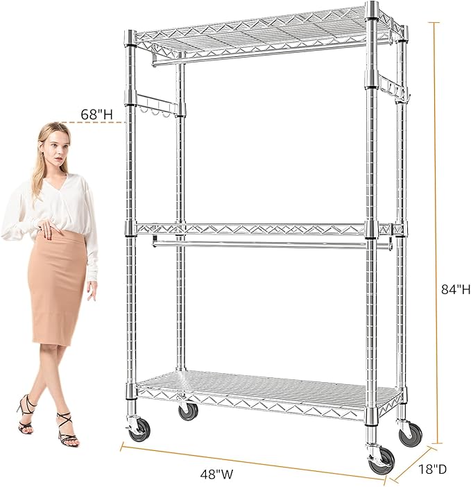 M MZG Heavy Duty Rolling Garment Rack 3 Tiers Adjustable Wire Shelving Clothes Rack with 2 Rods and Side Hooks, Storage Close