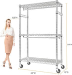 M MZG Heavy Duty Rolling Garment Rack 3 Tiers Adjustable Wire Shelving Clothes Rack with 2 Rods and Side Hooks, Storage Close