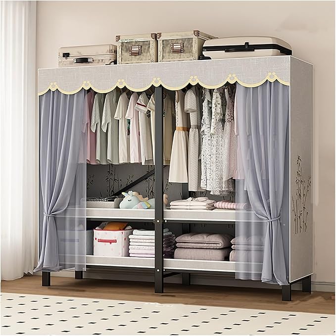 Portable Wardrobe Closet with Cover, Metal Clothing Organizer for Bedroom, Foldable Clothe Rack, Garment Rack for Hanging Clo