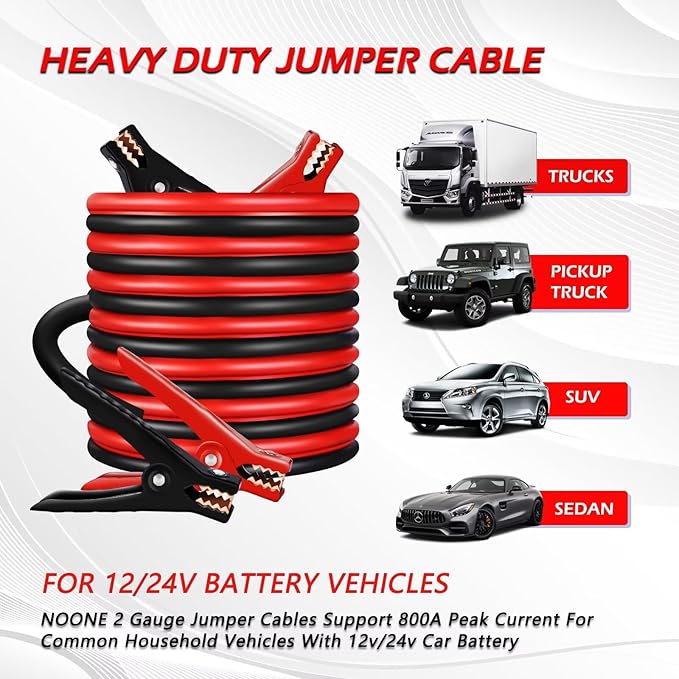 NOONE 2 Gauge 16FT Heavy Duty Jumper Cables for Car Battery, 800A Automotive Booster Cables for Jump Starting Dead or Weak Batteries Includes Carry Box for SUV/Truck