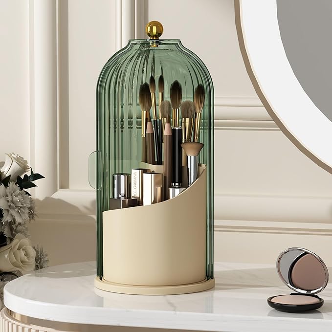 YOOLENS Makeup Brush Holder with Lid 360 Rotating Clear Dustproof Make Up Organizers for Vanity Bathroom Countertop, Green Be