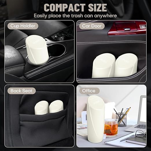 Car Trash Can Bin with Lid - Car Garbage Can Cup Holder - Light Beige Mini Leakproof Vehicle Garbage Bin with 40pcs Trash Bags-Automotive Organizers and Storage for Front Back Seat Accessories