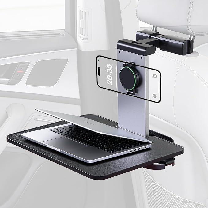 Back Seat Car Tray & Car Desk for Laptop, Wood Cup Holder Table Aluminum Cantilever Laptop Mount for Vehicle,Steering Wheel Tray Fits for Tesla Model Y/3/S Camry Forester F150 Tundra&Most Vehicles