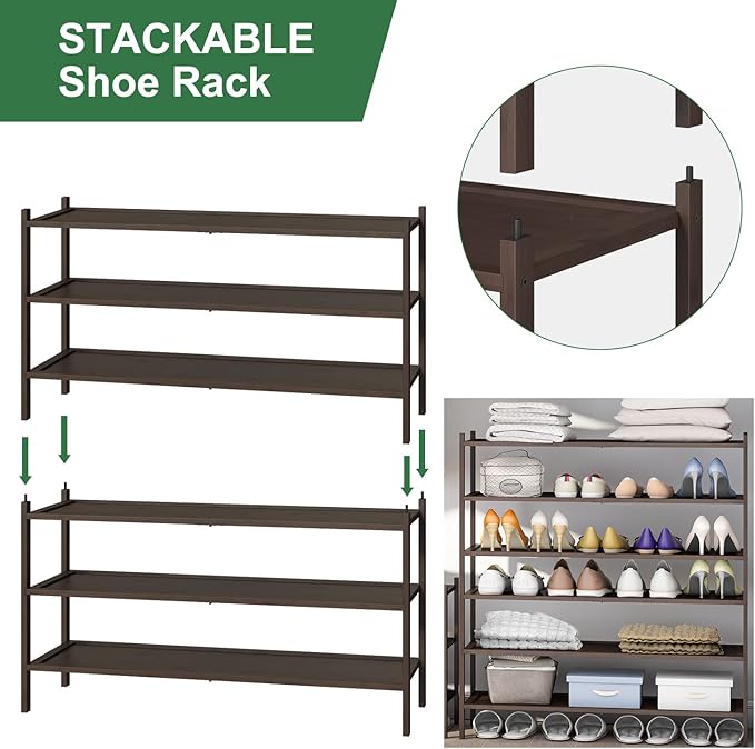 kiplant 3-Tier Long Shoe Rack, Bamboo Wood Shoe Rack for Entryway, Stackable | Foldable | Natural, Shoe Organizer for Hallway
