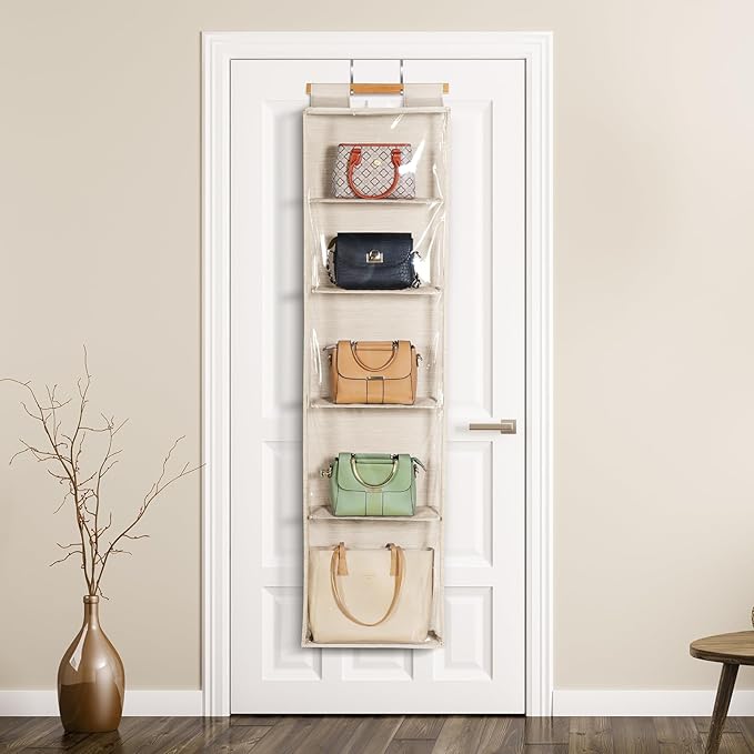 Syeeiex Hanging Handbag Purse Organizer with Zippers, 5 Mesh Shelves,Clear Slubbed Fabric+PVC Hanging Closet Bag Organizer, D