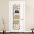 Syeeiex Hanging Handbag Purse Organizer with Zippers, 5 Mesh Shelves,Clear Slubbed Fabric+PVC Hanging Closet Bag Organizer, D