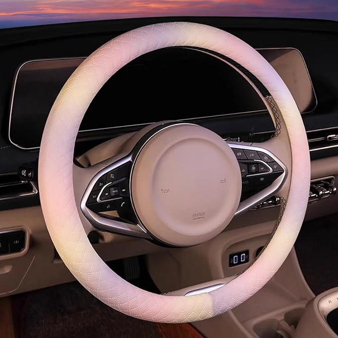 Leather Steering Wheel Cover, Colorful Cute Pink Purple Steering Wheel Cover Non-Slip Breathable Fabric Absorbing Sweat Unive