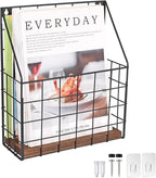 Mail Holder Magazine Basket - 1 Pack Black Wall Mount File Organizer Rack of Wooden Style with Adhesive Mounting - Metal Wire