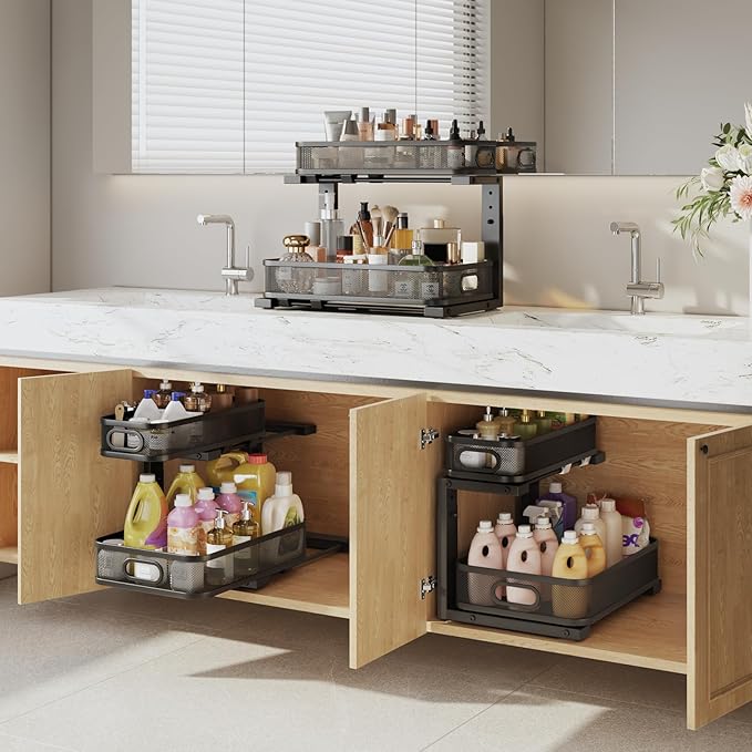 2 Pack 15.7IN-Depth Under Sink Organizer With Smooth Cylindrical Rail,2-Tier Pull Out Multi-Purpose Cabinet Storage for Bathr