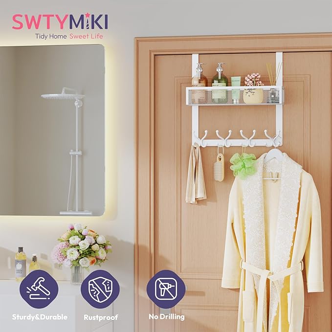 SWTYMIKI Over The Door Hook with 16 Hooks & Mesh Baskets - Heavy Duty Over The Door Organizer Hanger for Towels, Coats, Cloth