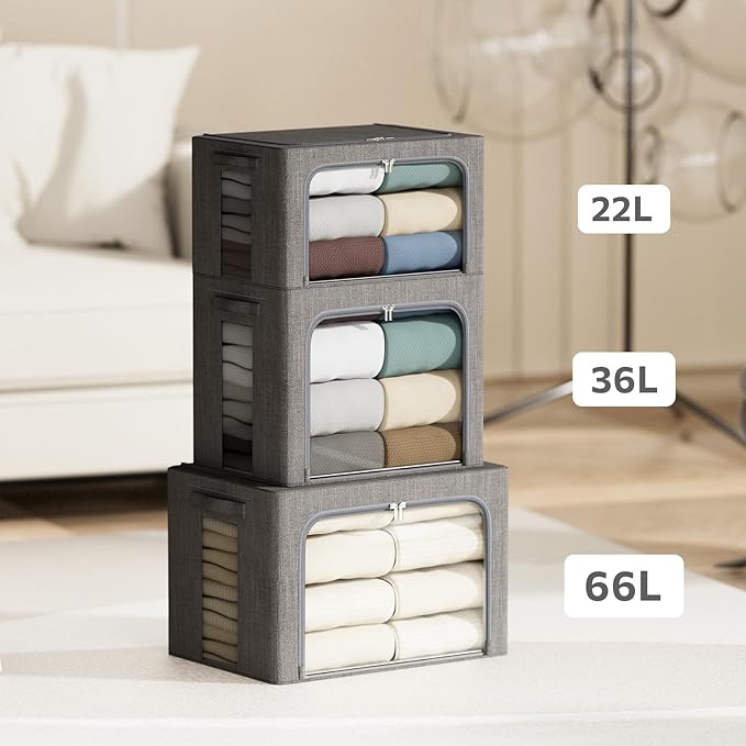 4 Pack Clothes Storage Bins with Metal Frame - 22L Stackable Storage Box with Lid，Foldable Storage Container Organizer for Cl
