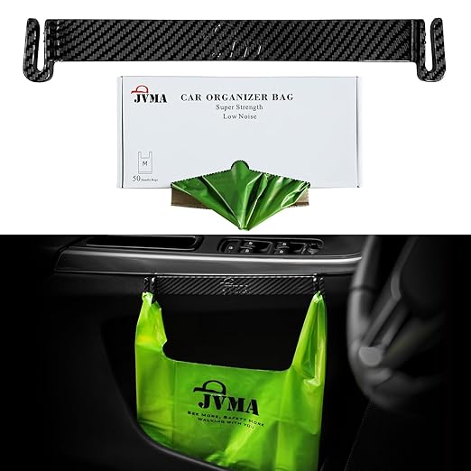 JVMA Car Trash Bags and Hook – Leakproof, Smell Proof Hanging Garbage Bags for Car, Truck, SUV, RV & Vehicle – Green, 50 Count Automotive Trash Bags 1 Gallon (US Patent)