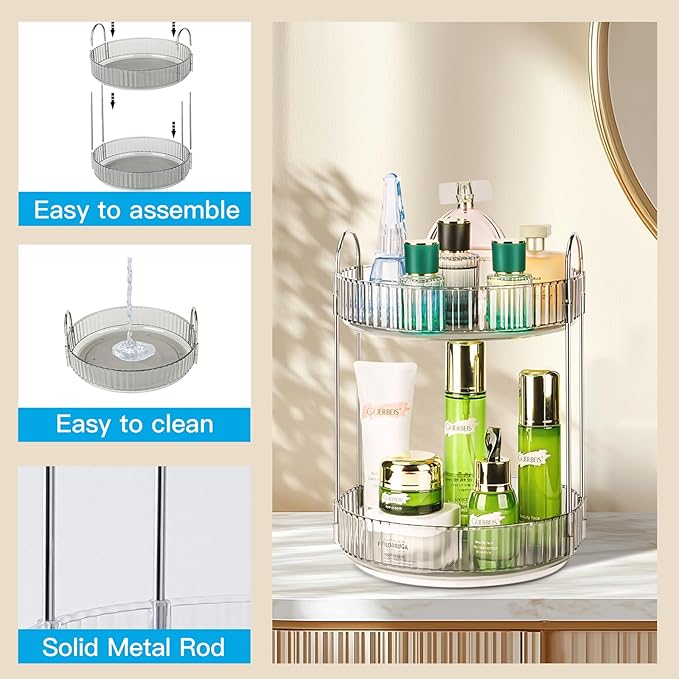 360 Rotating Makeup Organizer, 2 Tier Lazy Susan Bathroom Counter Organizer, Skincare Organizers, Spinning Perfume Organizer 
