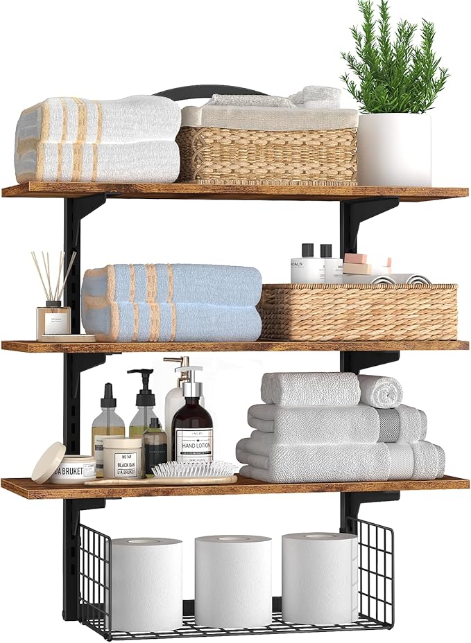 3 Tier Floating Shelf with Storage Baskets, Wall Mounted Bathroom Shelves Over Toilet, Wood Wall Shelves for Kitchen, Bedroom