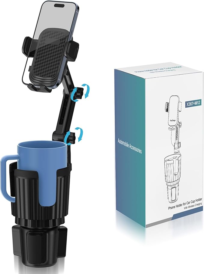 Phone Holders for Your Car Cupholder, 2 in 1 Cell Phone Holder Mount with Cup Holder Expandable Base, 360 Degree Rotating Nec