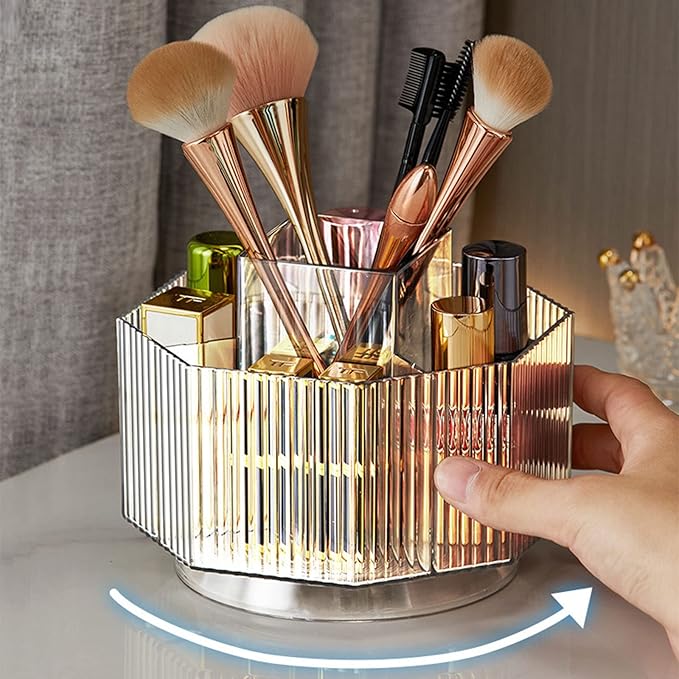 LINFIDITE 360°Rotating Makeup Brush Holder Cosmetic Display Case Clear Makeup Lip Gloss Organizer Case with 5 Slots Round Tur