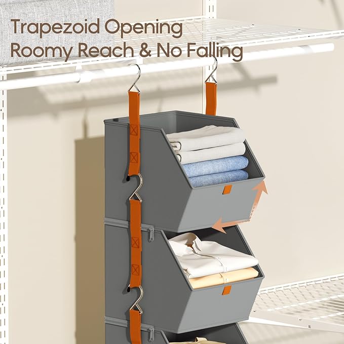 Homsorout Collapsible Hanging Closet Organizer - 3 Tier Closet Shelves Storage System with Hooks, Fabric Hanging Storage Bins
