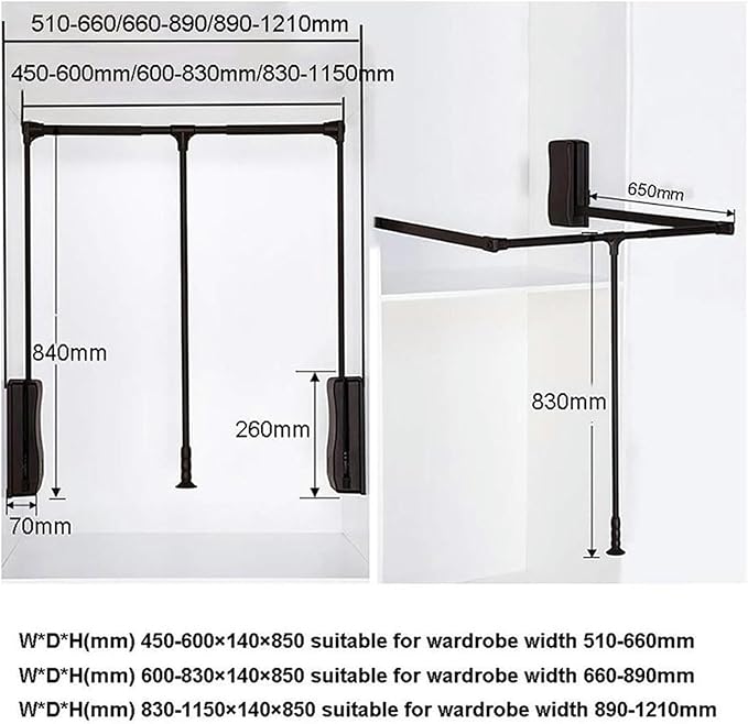 Heavy Duty Pull Down Closet Rod - Extendable Clothes Rail, Extendable Wardrobe Lift, Adjustable Width Pull Down Closet Rod, A