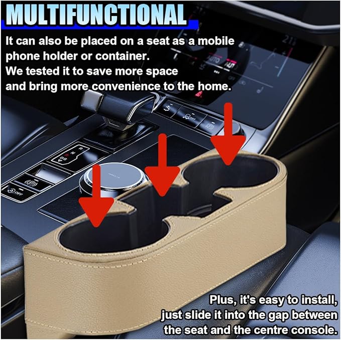 Car Cup Holder, PU Leather Auto Front Console Gap Filler Organizer, Multifunctional Cup Drink Holder, Car Seat Gap Filler Storage Box, Coin Bucket, Cell Mobile Phone Holder (Beige)