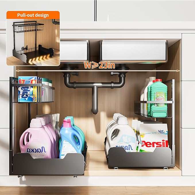 Under Sink Organizer, 2-Tier L-Shaped Pull Out Cabinet Shelf with 2 Installation Methods, Adjustable Sliding Storage Drawer f